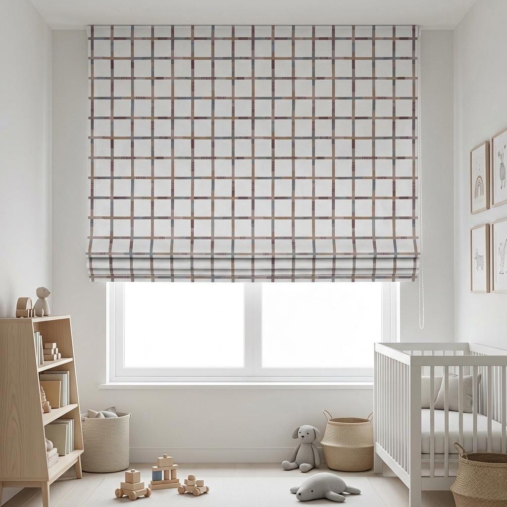 Custom Windowpane Velvet Roman Shade, White Teal Blush Plaid Nursery Blind, Blackout or Light Filtering — image 2
