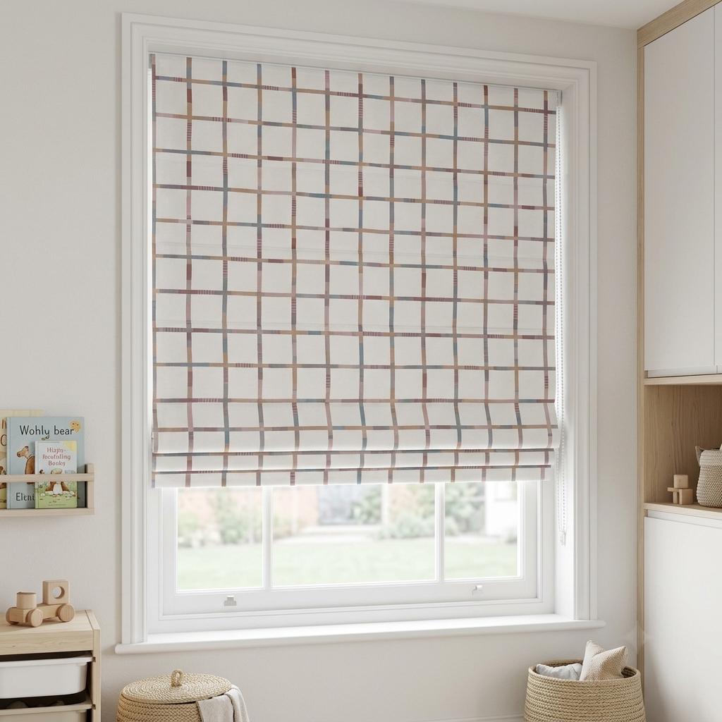 Custom Windowpane Velvet Roman Shade, White Teal Blush Plaid Nursery Blind, Blackout or Light Filtering — image 8