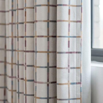 Soft White Windowpane Velvet Curtains, Teal Blush Mustard Plaid, Custom Blackout Nursery & Kids Room Drapes — image 1