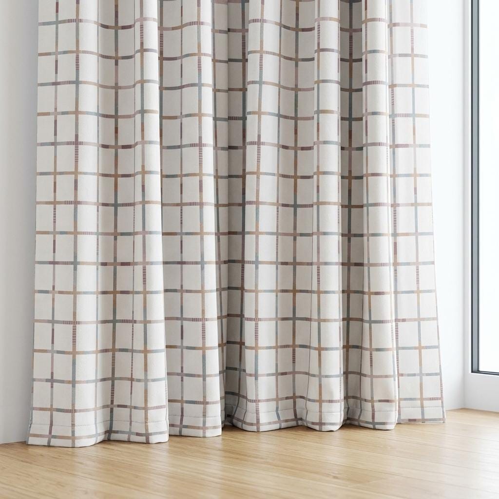 Soft White Windowpane Velvet Curtains, Teal Blush Mustard Plaid, Custom Blackout Nursery & Kids Room Drapes — image 3