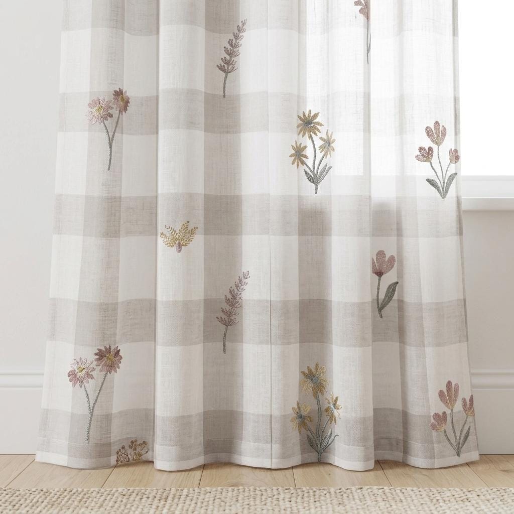 White Taupe Gray Plaid Pure Linen Sheer Curtains, Embroidered Wildflower Drapes, Custom Light Filtering Panels — image 10