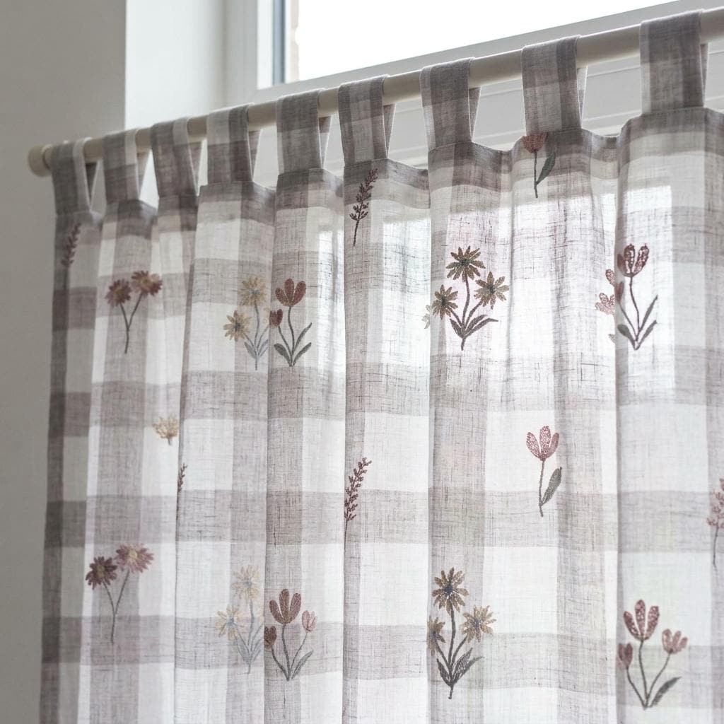White Taupe Gray Plaid Pure Linen Sheer Curtains, Embroidered Wildflower Drapes, Custom Light Filtering Panels — image 8