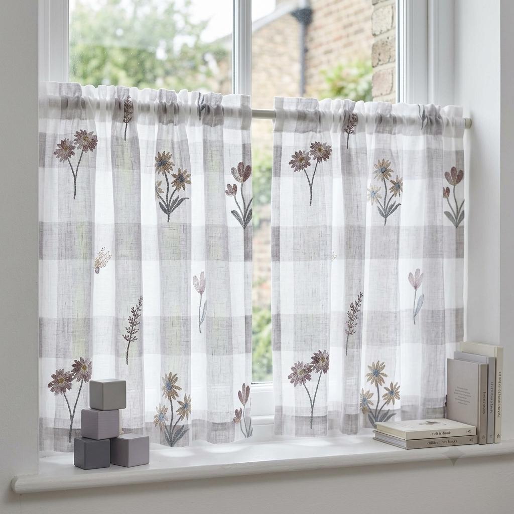 White Taupe Gray Plaid Pure Linen Sheer Curtains, Embroidered Wildflower Drapes, Custom Light Filtering Panels — image 7