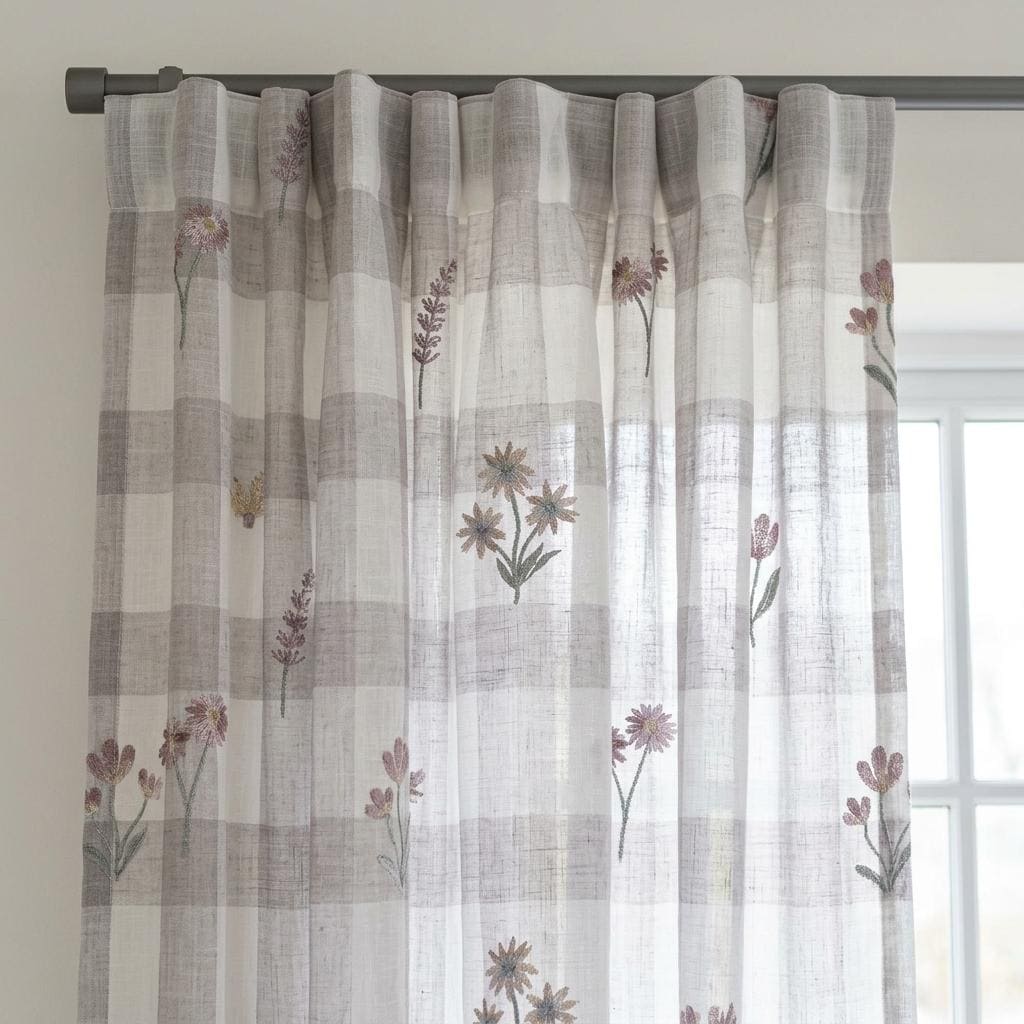 White Taupe Gray Plaid Pure Linen Sheer Curtains, Embroidered Wildflower Drapes, Custom Light Filtering Panels — image 9