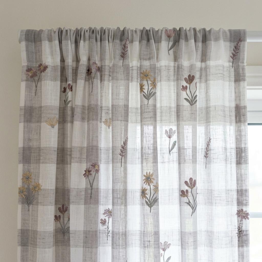 White Taupe Gray Plaid Pure Linen Sheer Curtains, Embroidered Wildflower Drapes, Custom Light Filtering Panels — image 2