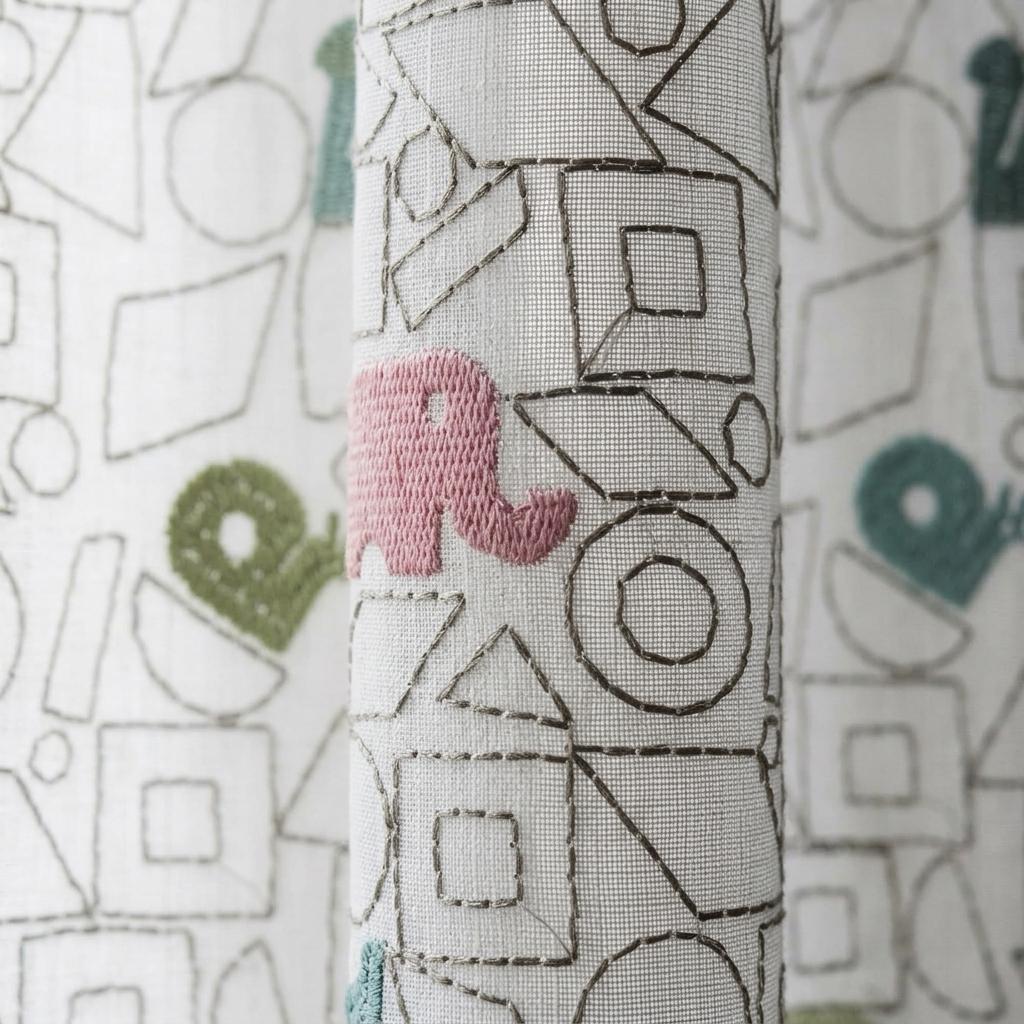 White Pure Linen Sheer Curtains, Pastel Animal Nursery Drapes, Geometric Print Embroidered Kids Room Panels — image 8