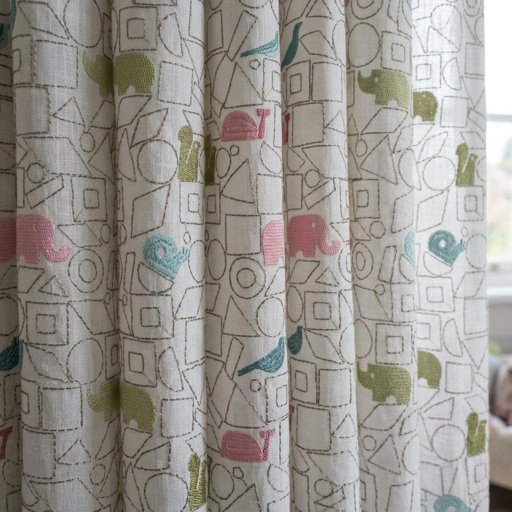 White Pure Linen Sheer Curtains, Pastel Animal Nursery Drapes, Geometric Print Embroidered Kids Room Panels — image 1