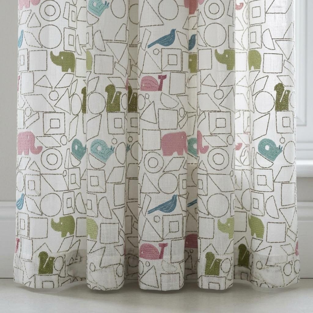 White Pure Linen Sheer Curtains, Pastel Animal Nursery Drapes, Geometric Print Embroidered Kids Room Panels — image 3