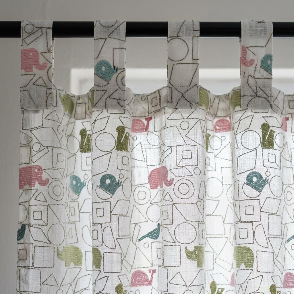 White Pure Linen Sheer Curtains, Pastel Animal Nursery Drapes, Geometric Print Embroidered Kids Room Panels — image 9