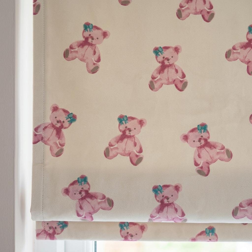 Soft Cream Velvet Roman Shade, Pink Teddy Bear & Blue Bow Nursery Blind, Custom Blackout or Light Filtering Shade — image 3