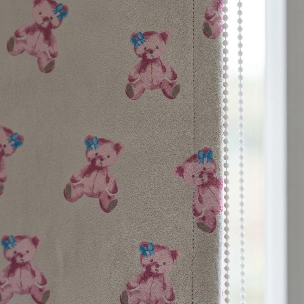 Soft Cream Velvet Roman Shade, Pink Teddy Bear & Blue Bow Nursery Blind, Custom Blackout or Light Filtering Shade — image 7