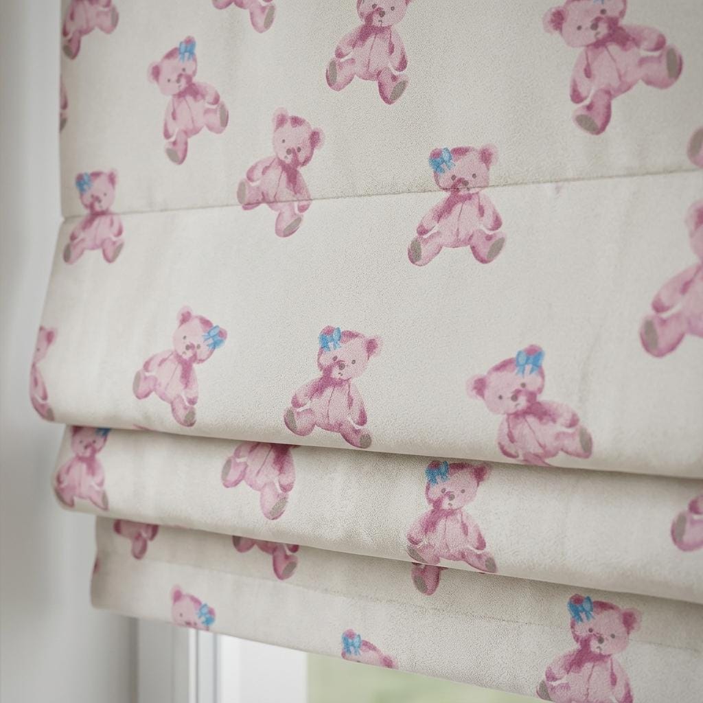Soft Cream Velvet Roman Shade, Pink Teddy Bear & Blue Bow Nursery Blind, Custom Blackout or Light Filtering Shade — image 1