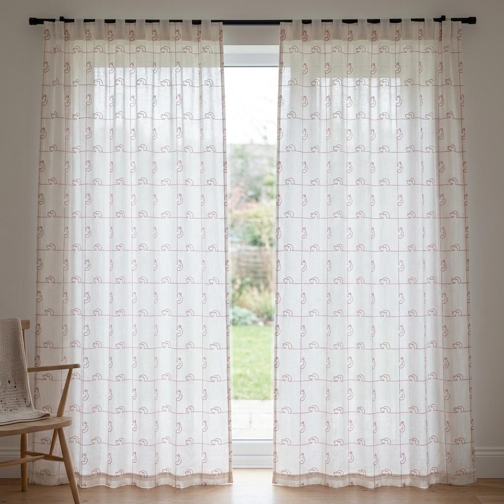White Pure Linen Sheer Curtains, Pink Embroidered Dog Drapes, Custom Light Filtering Nursery Window Panels — image 10