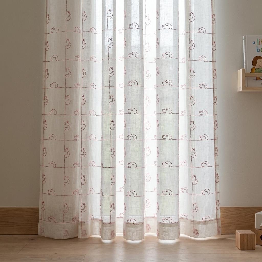 White Pure Linen Sheer Curtains, Pink Embroidered Dog Drapes, Custom Light Filtering Nursery Window Panels — image 5
