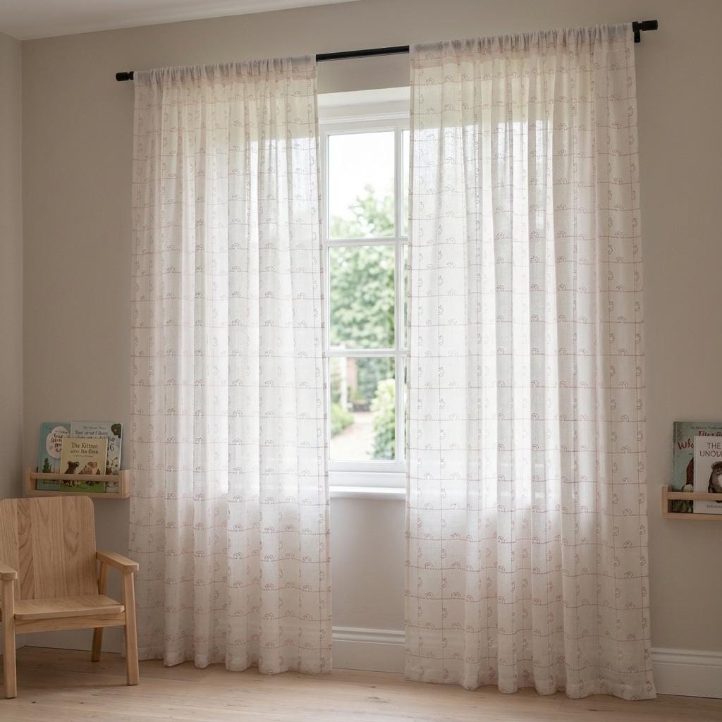 White Pure Linen Sheer Curtains, Pink Embroidered Dog Drapes, Custom Light Filtering Nursery Window Panels — image 3