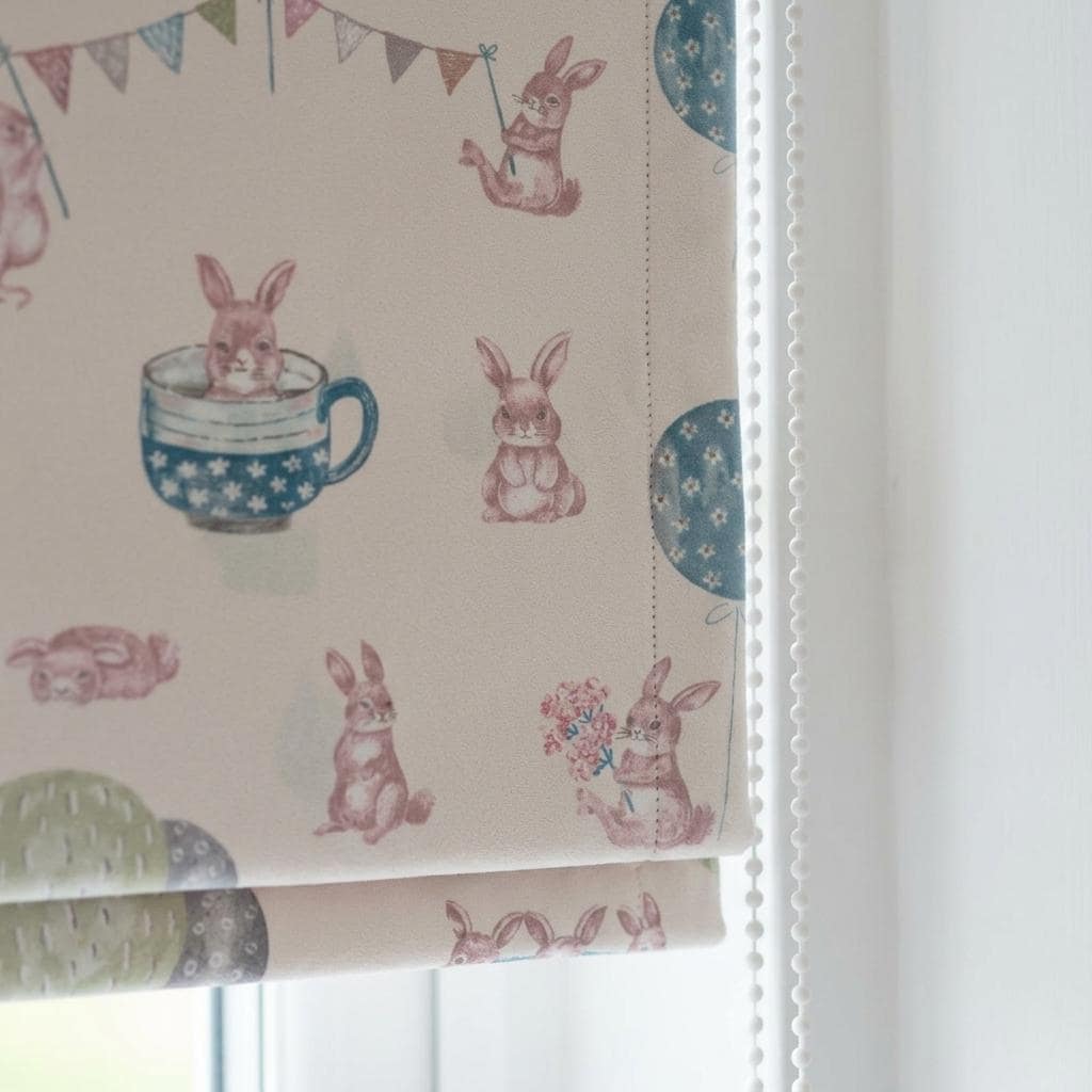 Soft Cream Velvet Roman Shade, Pink Bunny Nursery Blind, Rabbit & Balloon Custom Shade, Blackout or Light Filtering — image 7