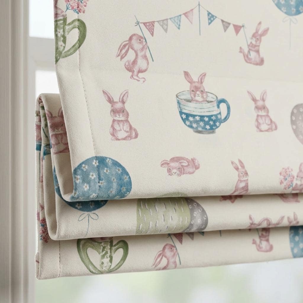 Soft Cream Velvet Roman Shade, Pink Bunny Nursery Blind, Rabbit & Balloon Custom Shade, Blackout or Light Filtering — image 5