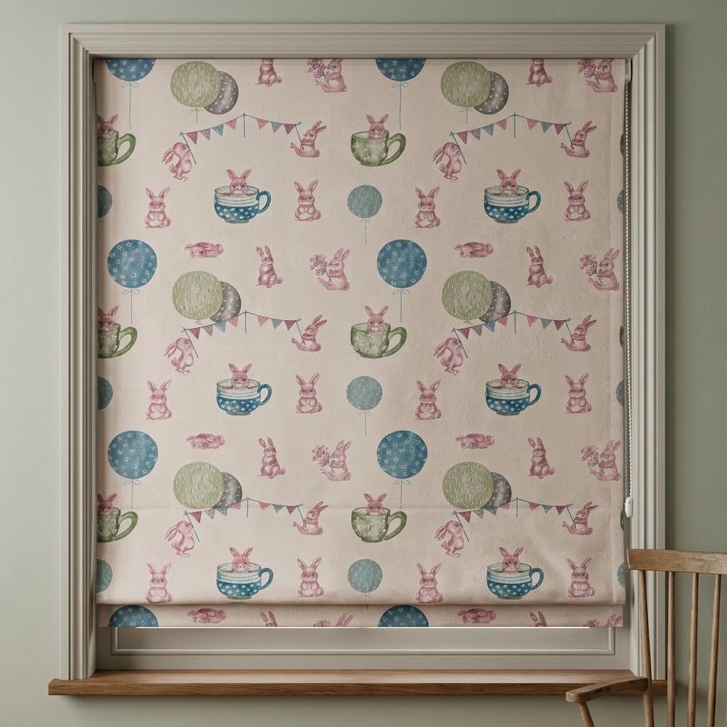 Soft Cream Velvet Roman Shade, Pink Bunny Nursery Blind, Rabbit & Balloon Custom Shade, Blackout or Light Filtering — image 2