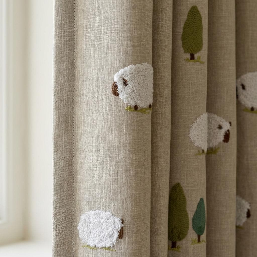 Natural Beige Linen Curtains, Embroidered White Sheep & Olive Green Trees, Custom Blackout Nursery Drapes — image 1