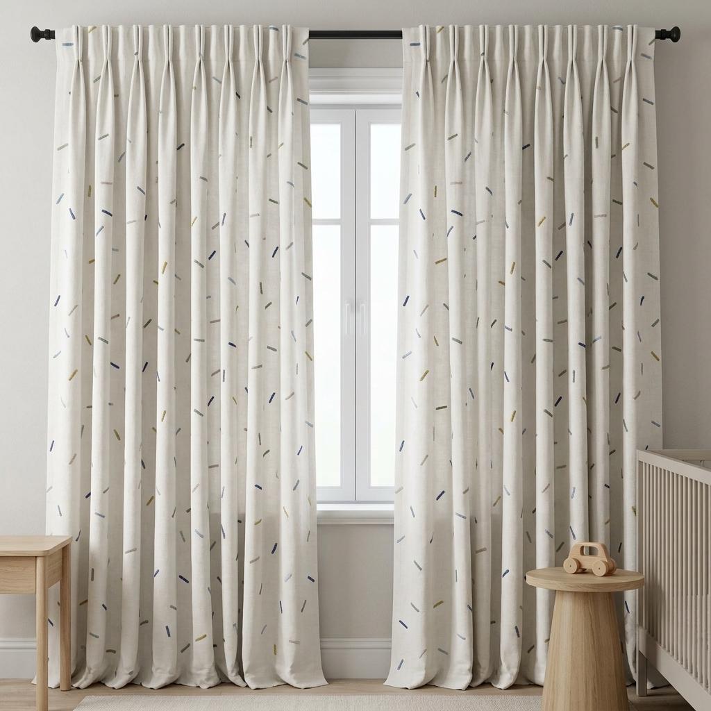 Soft White Pure Linen Curtains, Multicolor Embroidered Confetti Dashes, Custom Blackout Nursery Kids Room Drapes — image 5