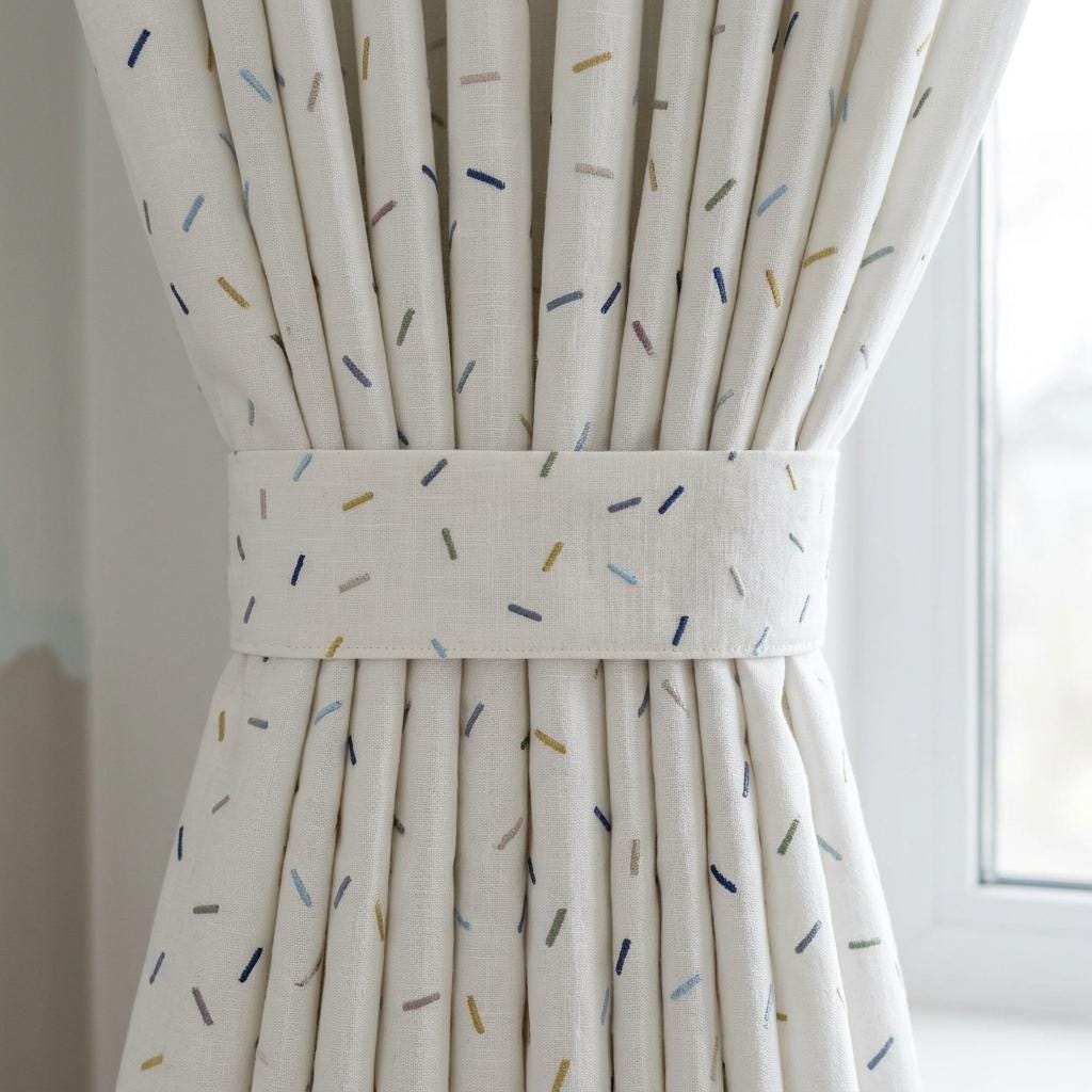 Soft White Pure Linen Curtains, Multicolor Embroidered Confetti Dashes, Custom Blackout Nursery Kids Room Drapes — image 2