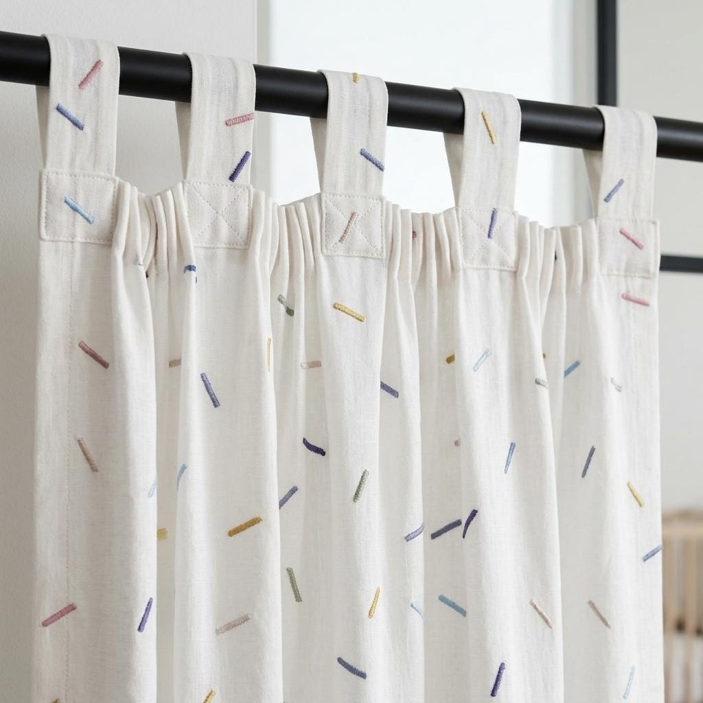 Soft White Pure Linen Curtains, Multicolor Embroidered Confetti Dashes, Custom Blackout Nursery Kids Room Drapes — image 10
