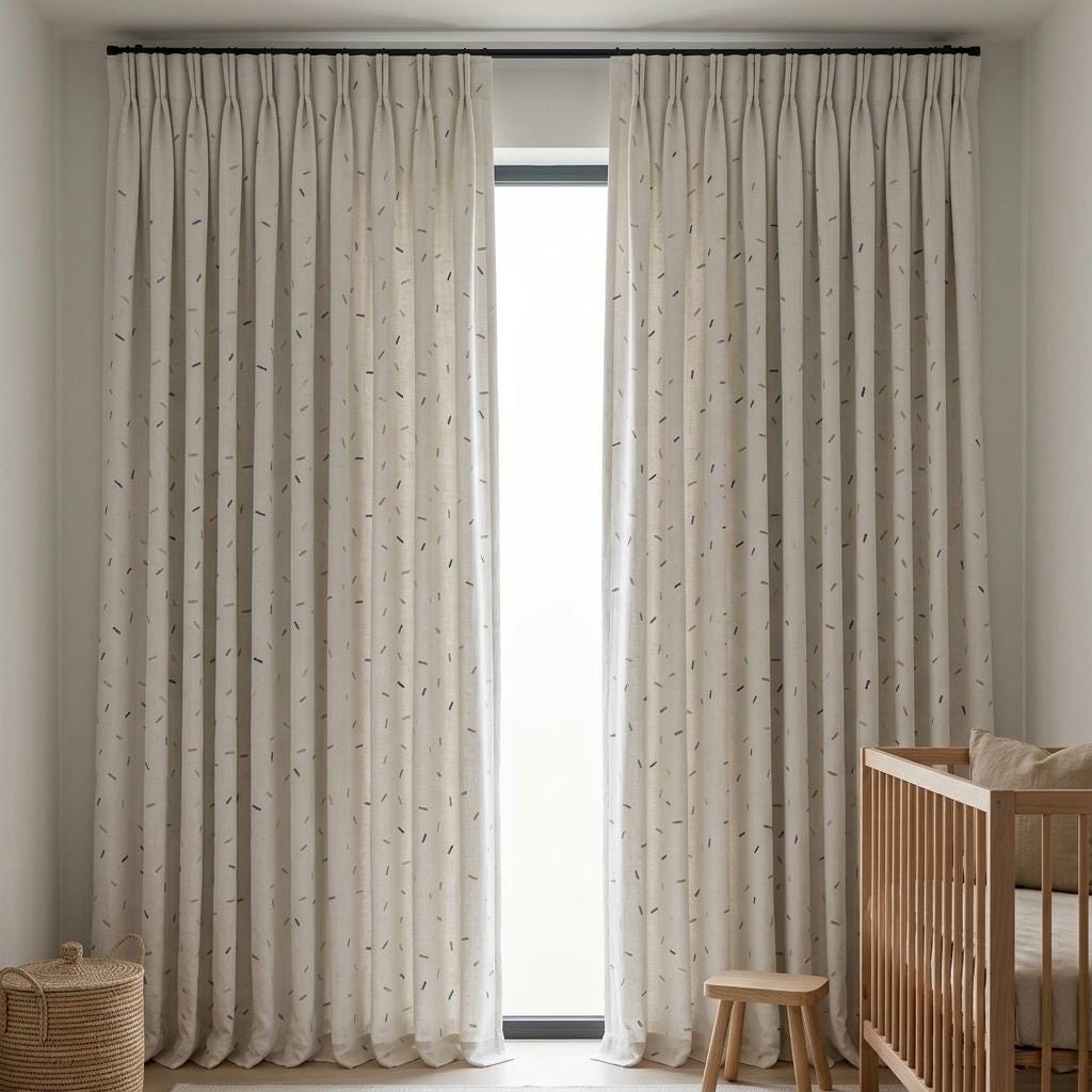 Soft White Pure Linen Curtains, Multicolor Embroidered Confetti Dashes, Custom Blackout Nursery Kids Room Drapes — image 8