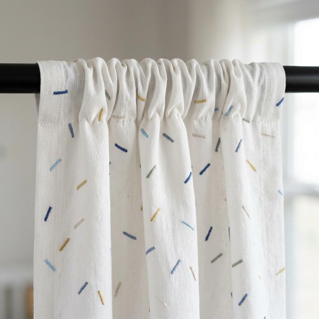 Soft White Pure Linen Curtains, Multicolor Embroidered Confetti Dashes, Custom Blackout Nursery Kids Room Drapes — image 9