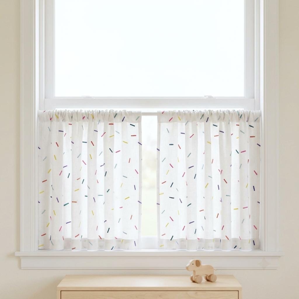 Soft White Pure Linen Curtains, Rainbow Confetti Dash Embroidery, Custom Blackout Nursery Kids Room Drapes — image 7