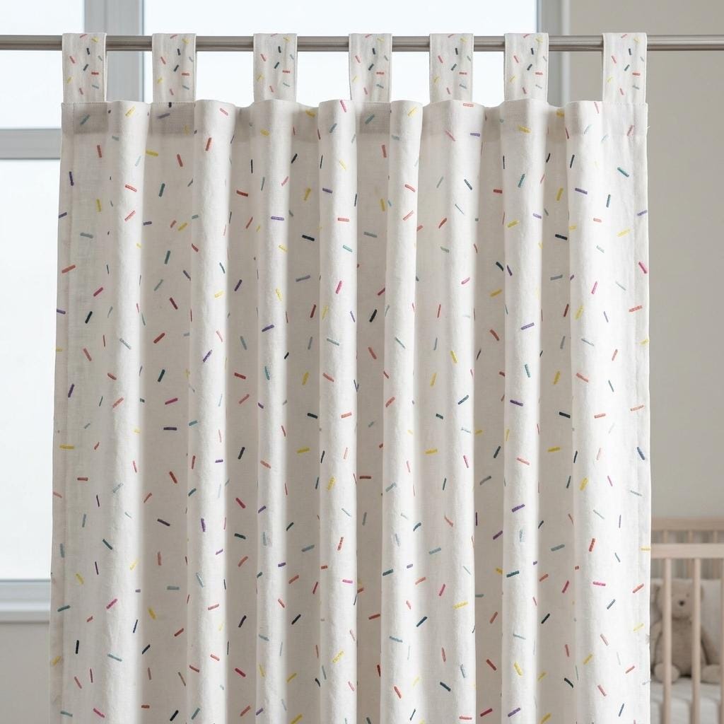 Soft White Pure Linen Curtains, Rainbow Confetti Dash Embroidery, Custom Blackout Nursery Kids Room Drapes — image 9