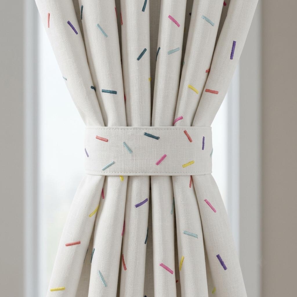 Soft White Pure Linen Curtains, Rainbow Confetti Dash Embroidery, Custom Blackout Nursery Kids Room Drapes — image 2