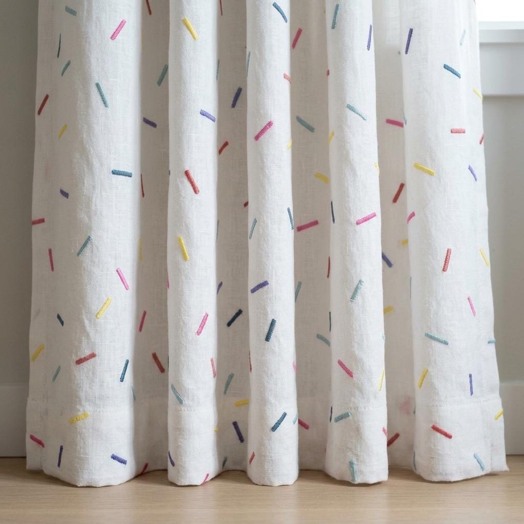 Soft White Pure Linen Curtains, Rainbow Confetti Dash Embroidery, Custom Blackout Nursery Kids Room Drapes — image 5