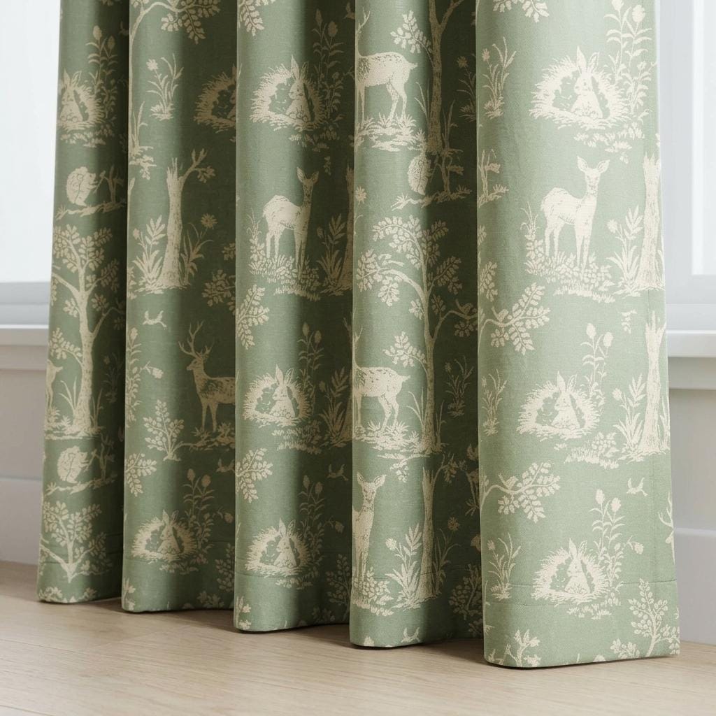Sage Green Silk-Linen Jacquard Curtains, Ivory Woodland Deer Toile, Custom Blackout Nursery Drapes — image 5