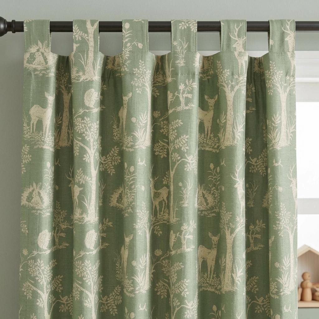 Sage Green Silk-Linen Jacquard Curtains, Ivory Woodland Deer Toile, Custom Blackout Nursery Drapes — image 7