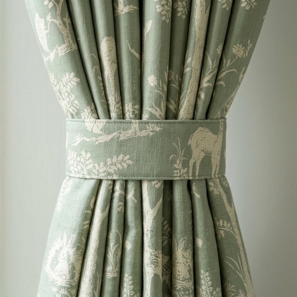 Sage Green Silk-Linen Jacquard Curtains, Ivory Woodland Deer Toile, Custom Blackout Nursery Drapes — image 3