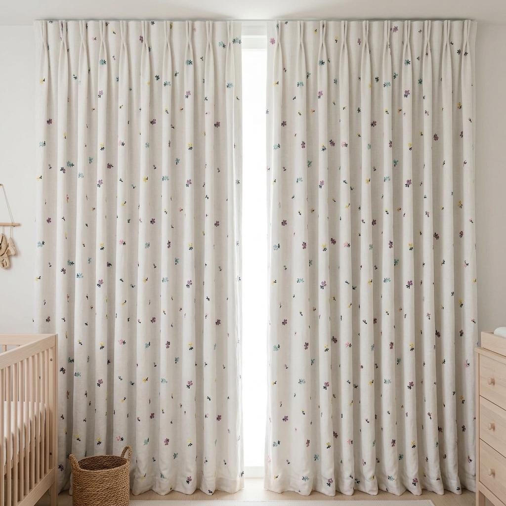Soft White Linen Embroidered Curtains, Multicolor Pastel Floral Sprigs, Custom Blackout Nursery Drapes — image 6