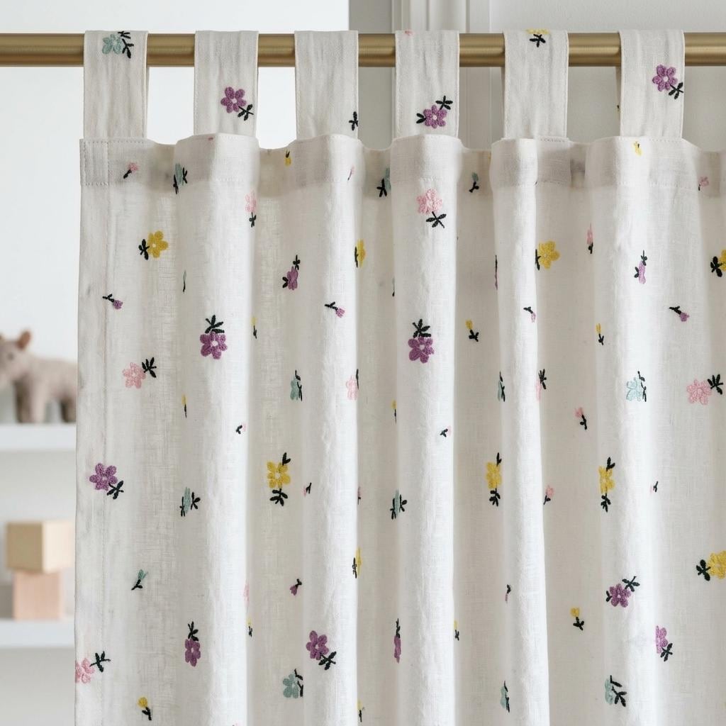 Soft White Linen Embroidered Curtains, Multicolor Pastel Floral Sprigs, Custom Blackout Nursery Drapes — image 4