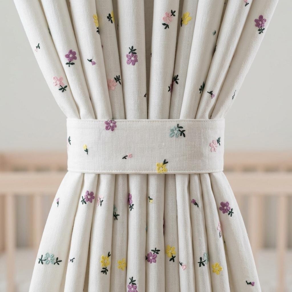Soft White Linen Embroidered Curtains, Multicolor Pastel Floral Sprigs, Custom Blackout Nursery Drapes — image 3