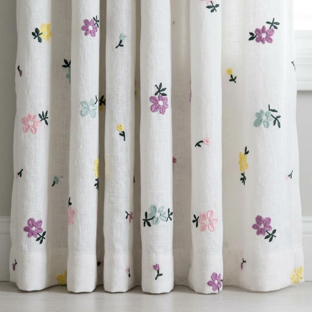 Soft White Linen Embroidered Curtains, Multicolor Pastel Floral Sprigs, Custom Blackout Nursery Drapes — image 5