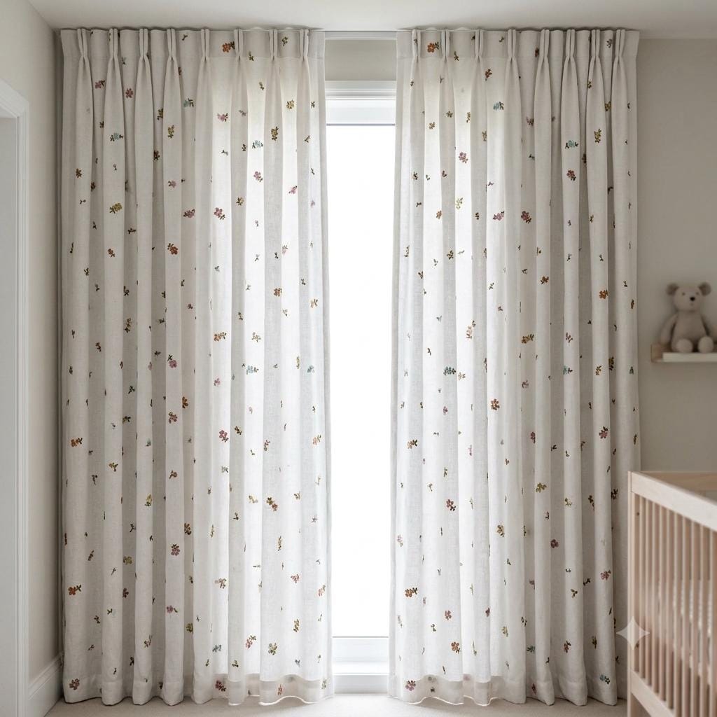Soft White Linen Embroidered Curtains, Rust Pink Blue Floral Sprigs, Custom Blackout Nursery Drapes — image 7