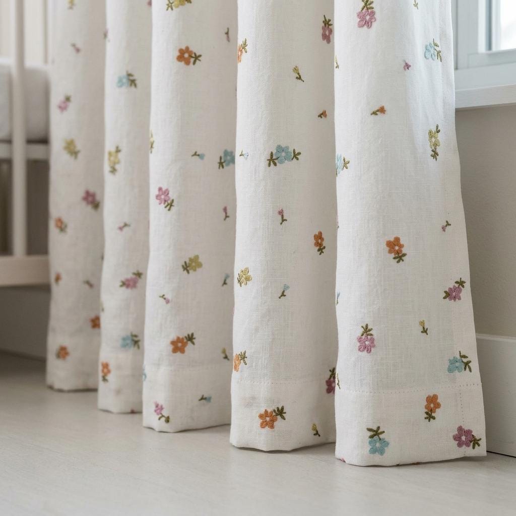 Soft White Linen Embroidered Curtains, Rust Pink Blue Floral Sprigs, Custom Blackout Nursery Drapes — image 5