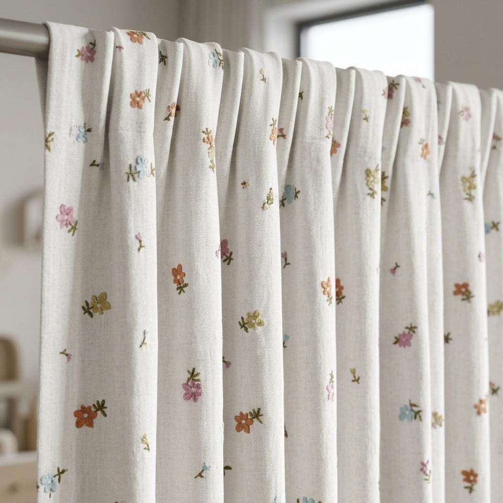 Soft White Linen Embroidered Curtains, Rust Pink Blue Floral Sprigs, Custom Blackout Nursery Drapes — image 4