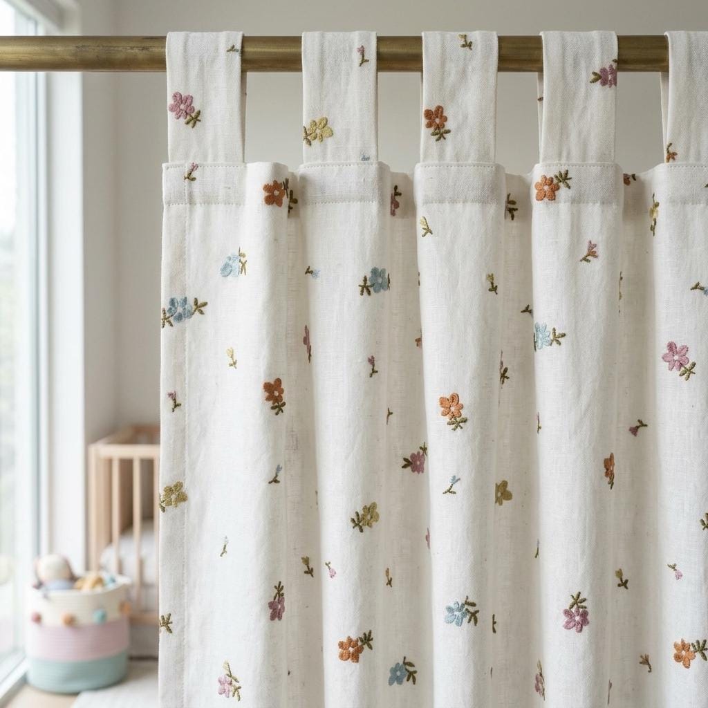Soft White Linen Embroidered Curtains, Rust Pink Blue Floral Sprigs, Custom Blackout Nursery Drapes — image 6