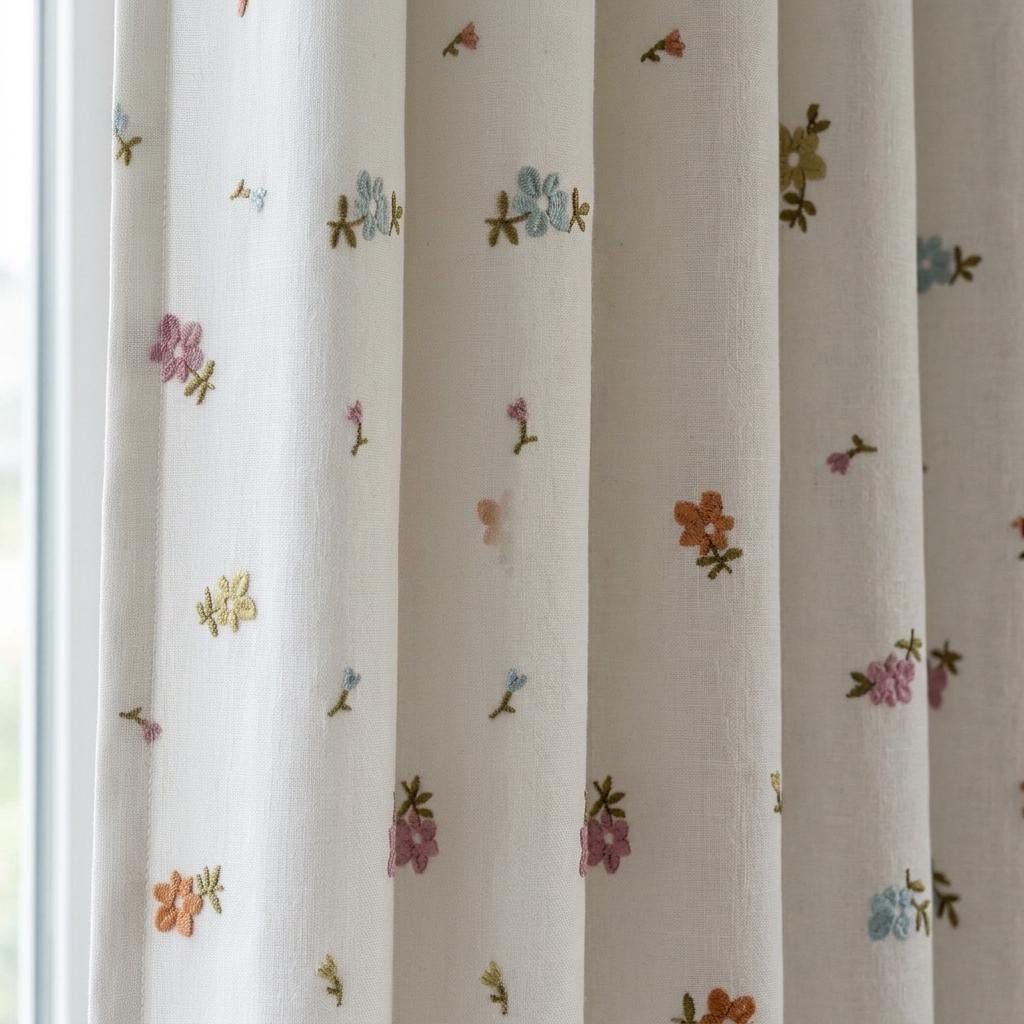 Soft White Linen Embroidered Curtains, Rust Pink Blue Floral Sprigs, Custom Blackout Nursery Drapes — image 2