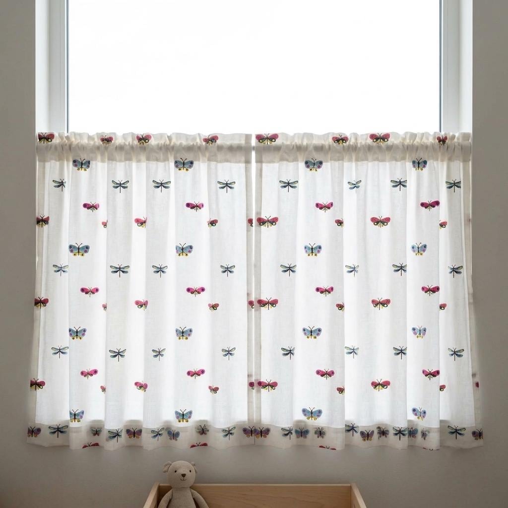 Soft White Linen Embroidered Curtains, Multicolor Butterfly & Dragonfly Nursery Drapes, Custom Blackout Option — image 7