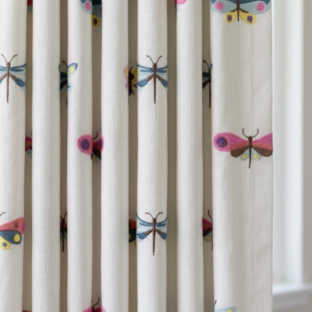 Soft White Linen Embroidered Curtains, Multicolor Butterfly & Dragonfly Nursery Drapes, Custom Blackout Option — image 3