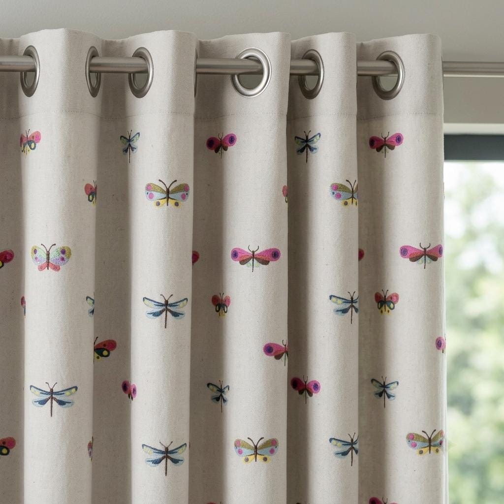 Soft White Linen Embroidered Curtains, Multicolor Butterfly & Dragonfly Nursery Drapes, Custom Blackout Option — image 4