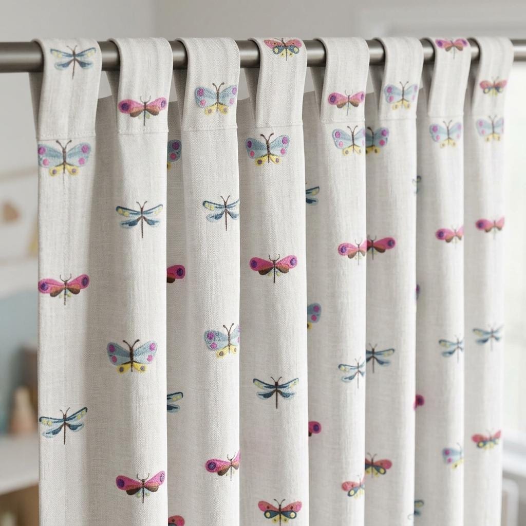 Soft White Linen Embroidered Curtains, Multicolor Butterfly & Dragonfly Nursery Drapes, Custom Blackout Option — image 9