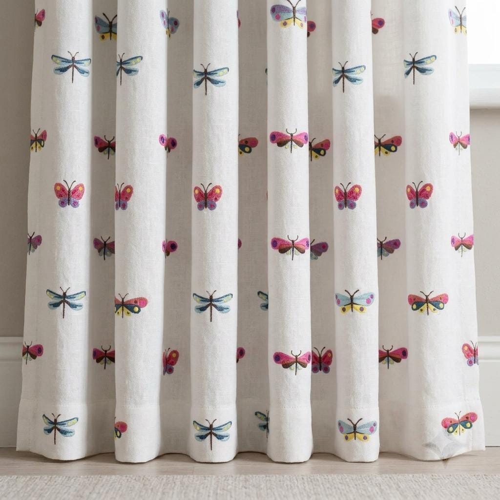 Soft White Linen Embroidered Curtains, Multicolor Butterfly & Dragonfly Nursery Drapes, Custom Blackout Option — image 8