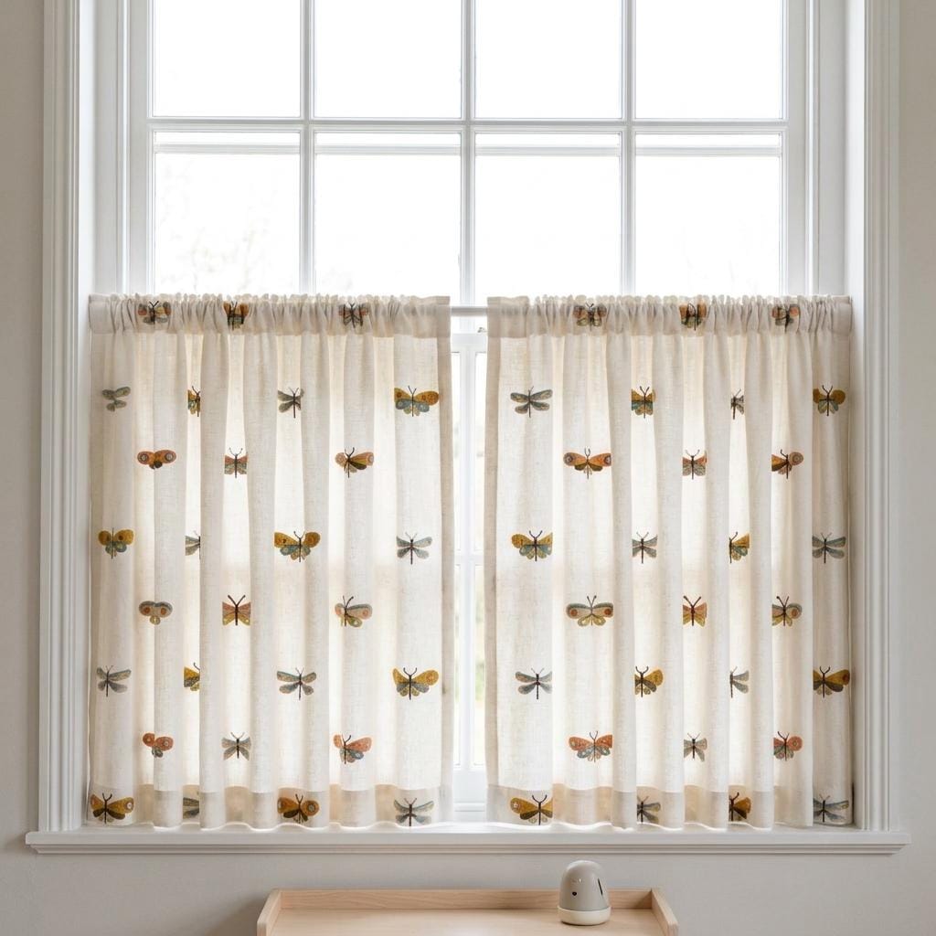 Soft White Linen Embroidered Curtains, Terracotta Blue Butterfly & Dragonfly, Custom Blackout Nursery Drapes — image 4